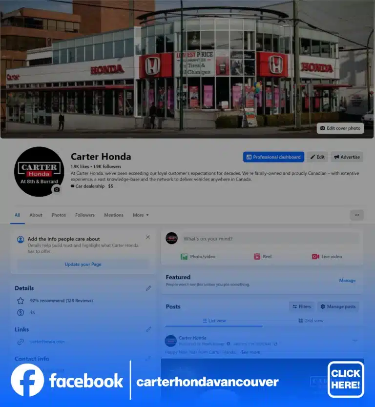 Carter Honda's Facebook page showcasing dealership exterior, services, and contact info in Vancouver.