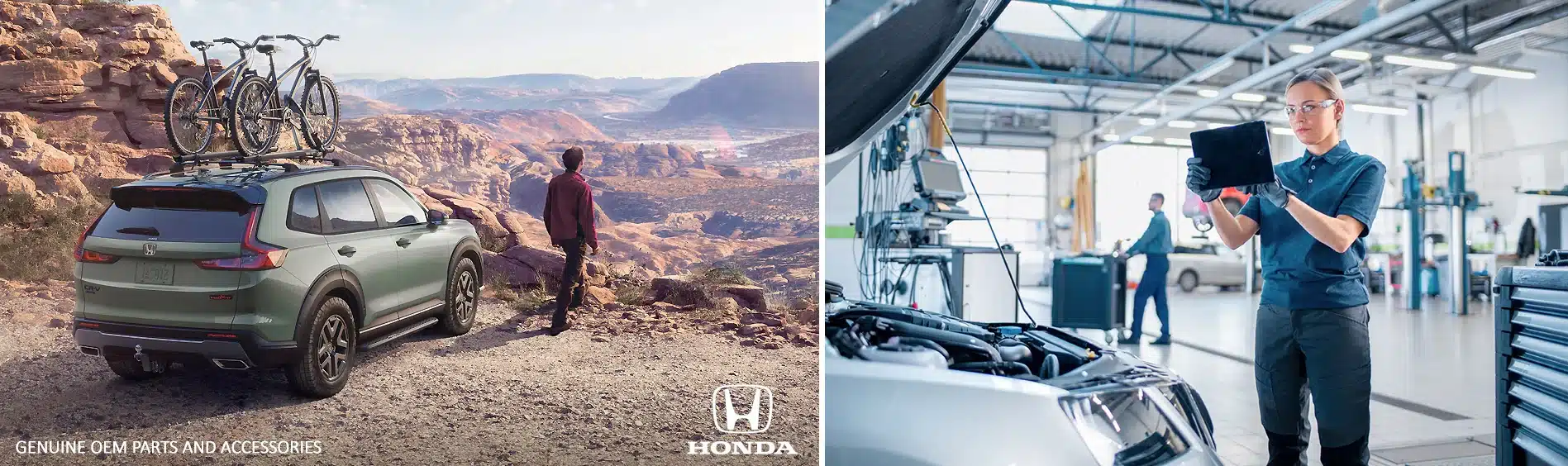 Honda CR-V with bikes on a scenic overlook; mechanic in a garage inspecting a car.