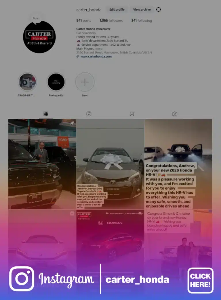 Instagram profile page for Carter Honda Vancouver with car images and congratulatory messages for customers.