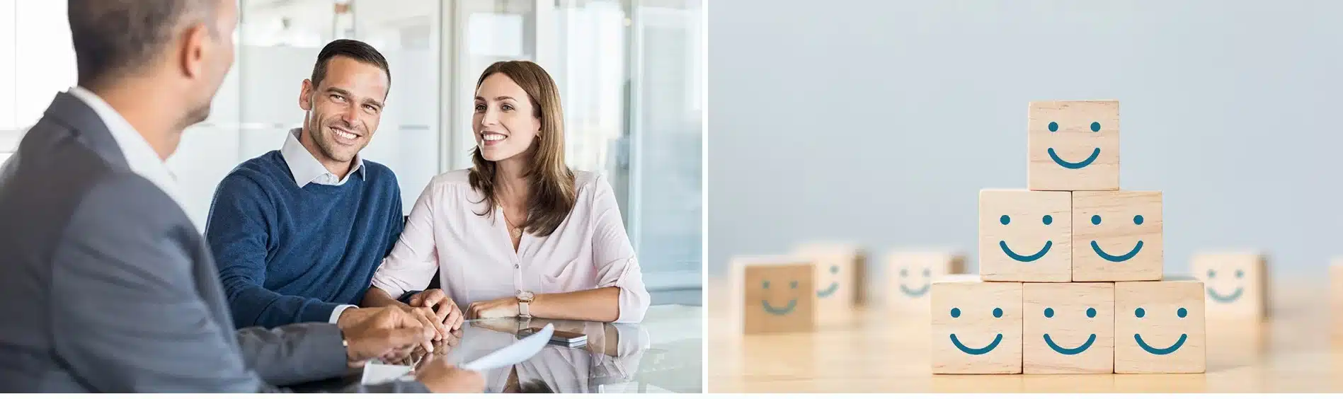 Smiling couple consulting with businessman; stacked blocks with smiley faces symbolizing satisfaction.