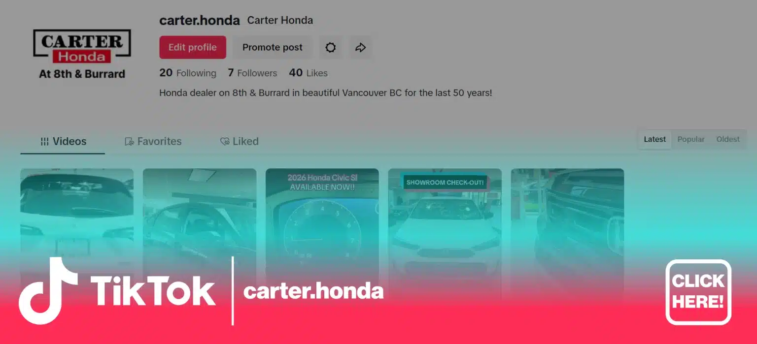 Carter Honda TikTok profile showcasing cars, location in Vancouver BC. Includes videos of Honda models.