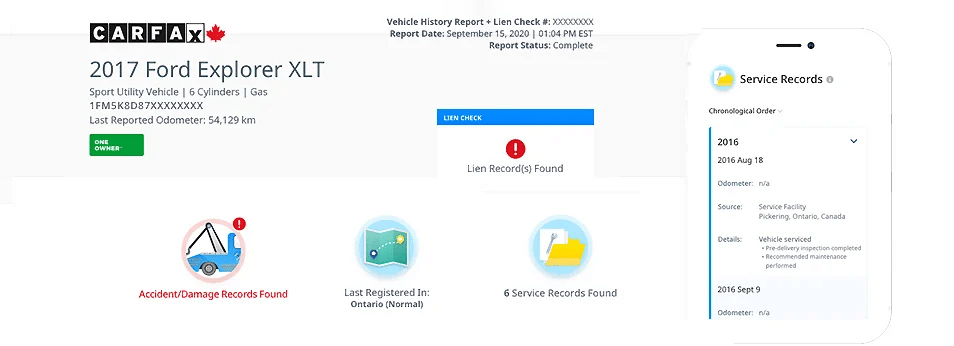 Carfax report for 2017 Ford Explorer XLT with accident, lien, and service records found.