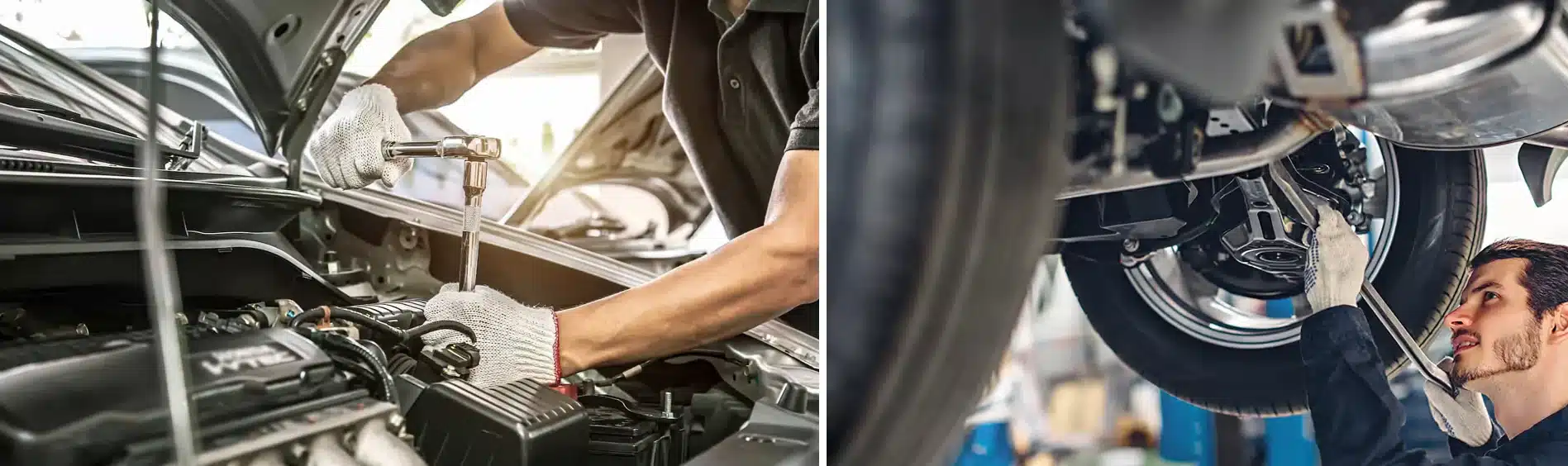 Mechanic performing car maintenance, engine check on left, undercarriage inspection on right.