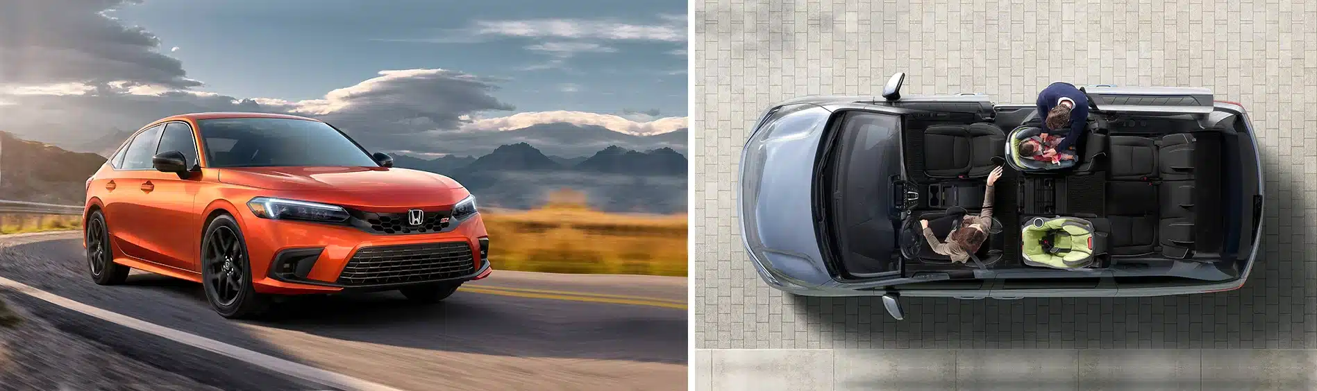 Orange car driving on a scenic road; overhead view of a car interior with people and child seats.