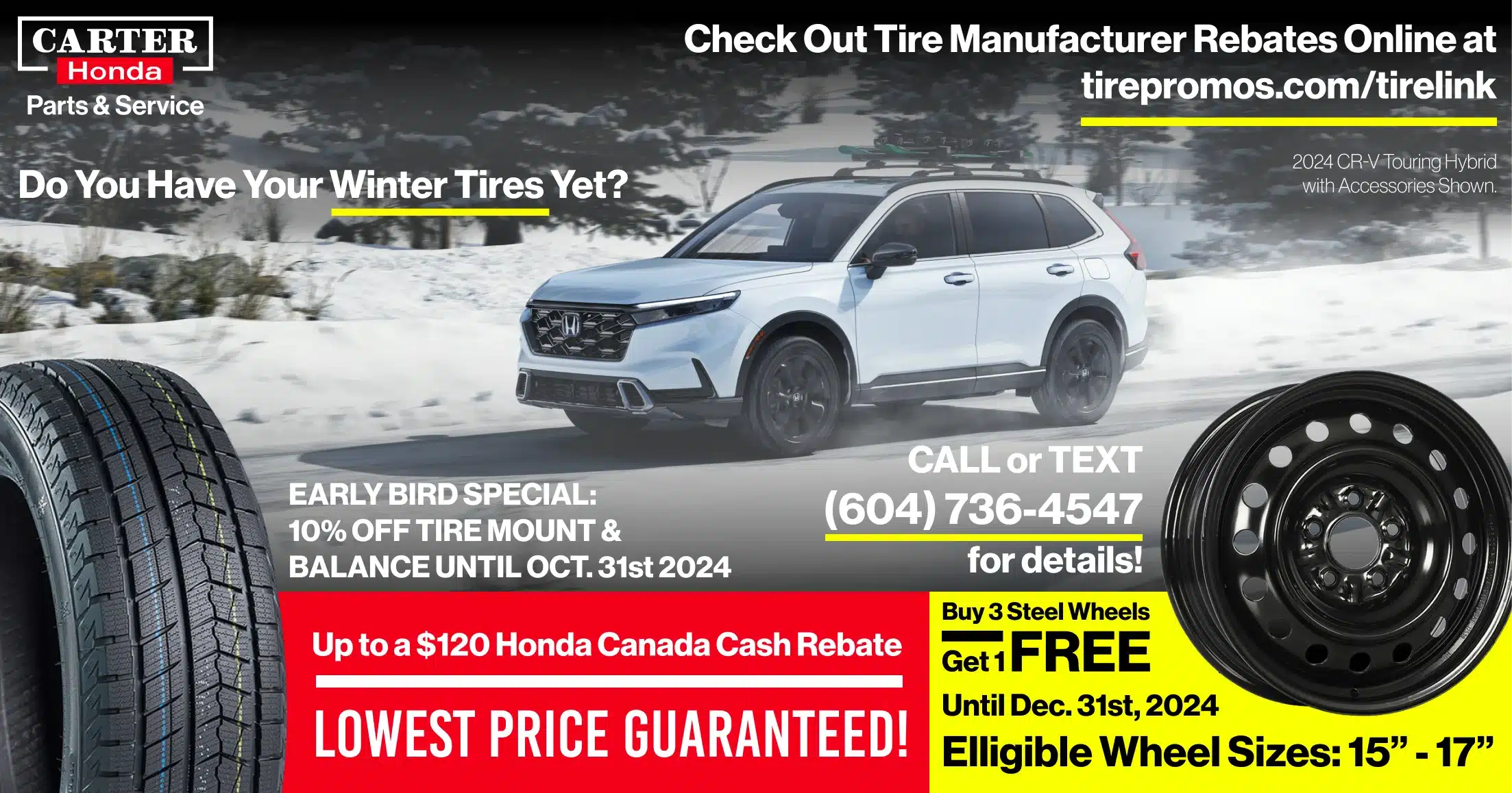 Winter tire promotion by Carter Honda with savings and rebates. Features 2024 CR-V in snowy setting.